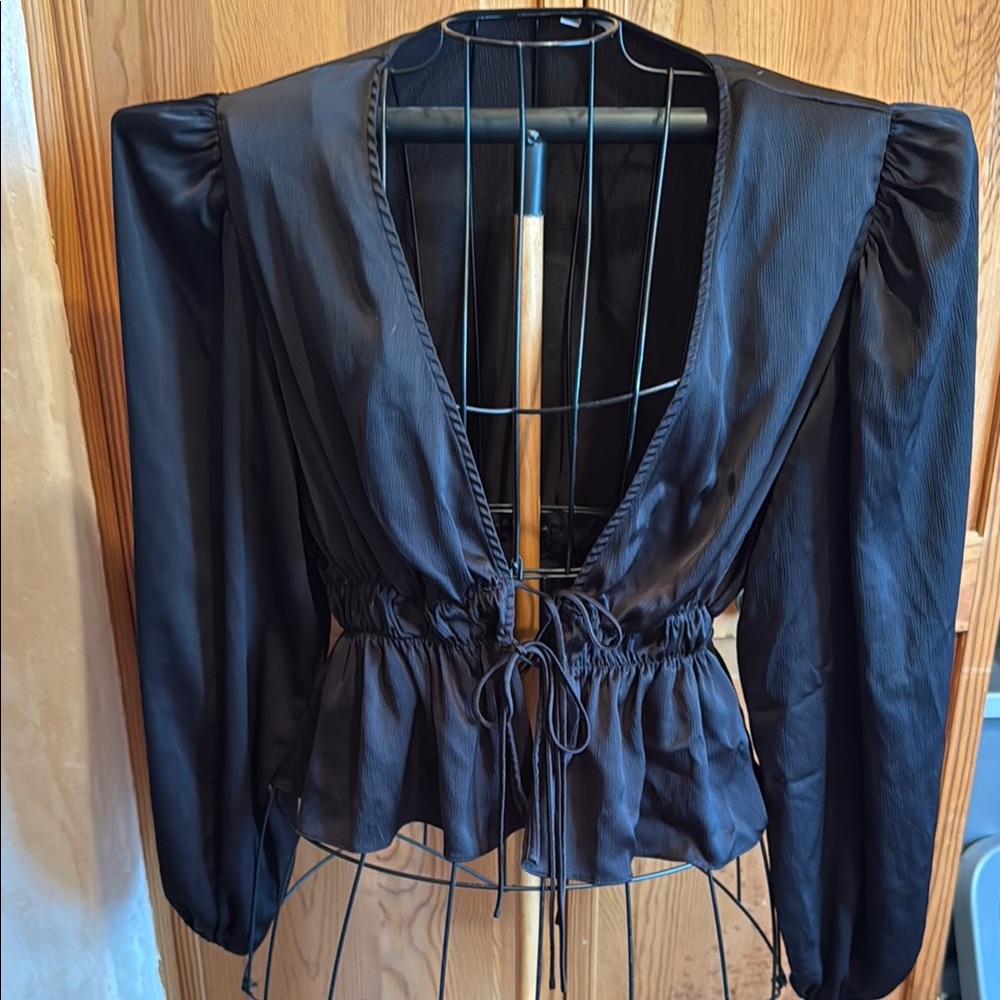 Wayf Black Puff Sleeve Tie Front Blouse